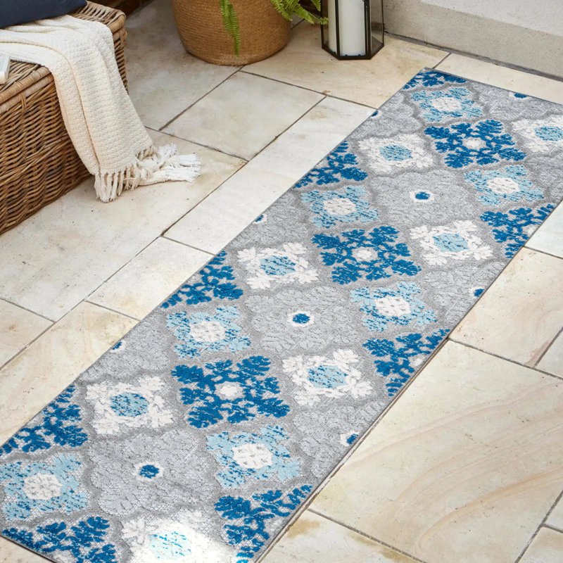 Alfheim Ornate Ogee Trellis High-Low Light Gray/Blue Indoor/Outdoor Rug, Runner 2'3" x 10'