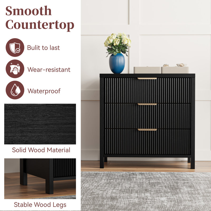 Modern Fluted Bedside Table with 3 Drawers, Black, Individual