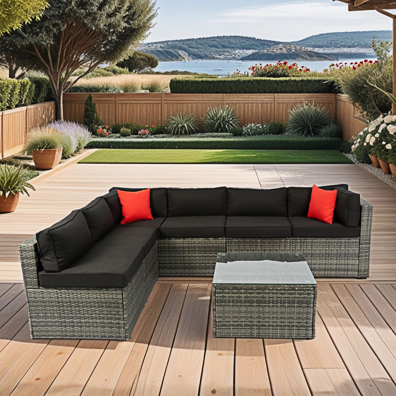 Ensemble de canapé modulaire d'extérieur 5 pièces 5 pièces, Gris, Noir