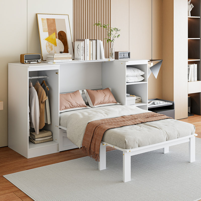 Lit escamotable simple avec tablettes de chevet et garde-robe, lit mural peu encombrant avec rangement, finition blanche