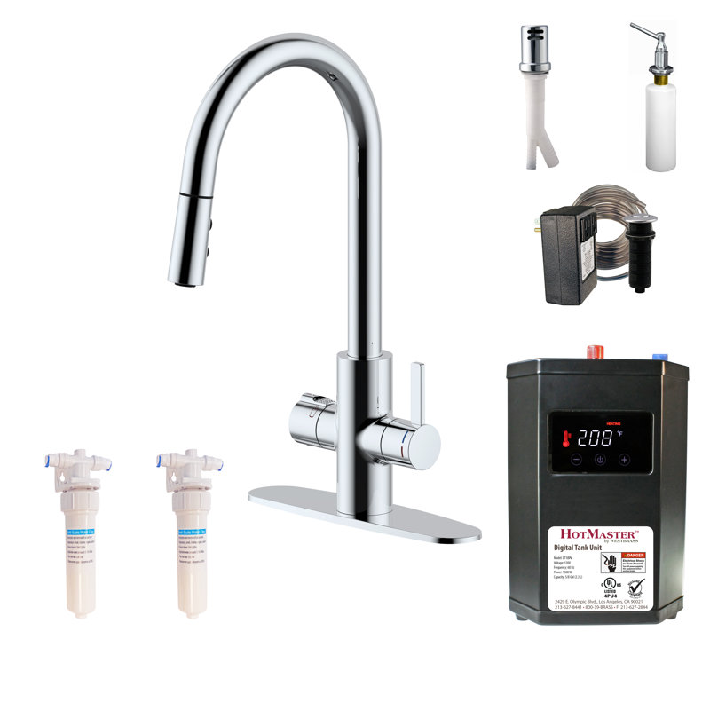 Ensemble de robinet de cuisine 4 en 1 avec réservoir de chauffage, filtre à eau et accessoires d'évier, Chrome poli