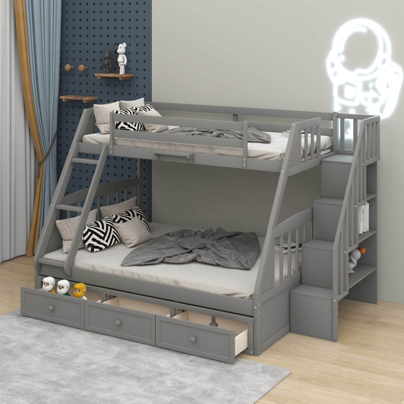 Lit simple superposé au dessus d'un lit double avec tiroirs, Gris