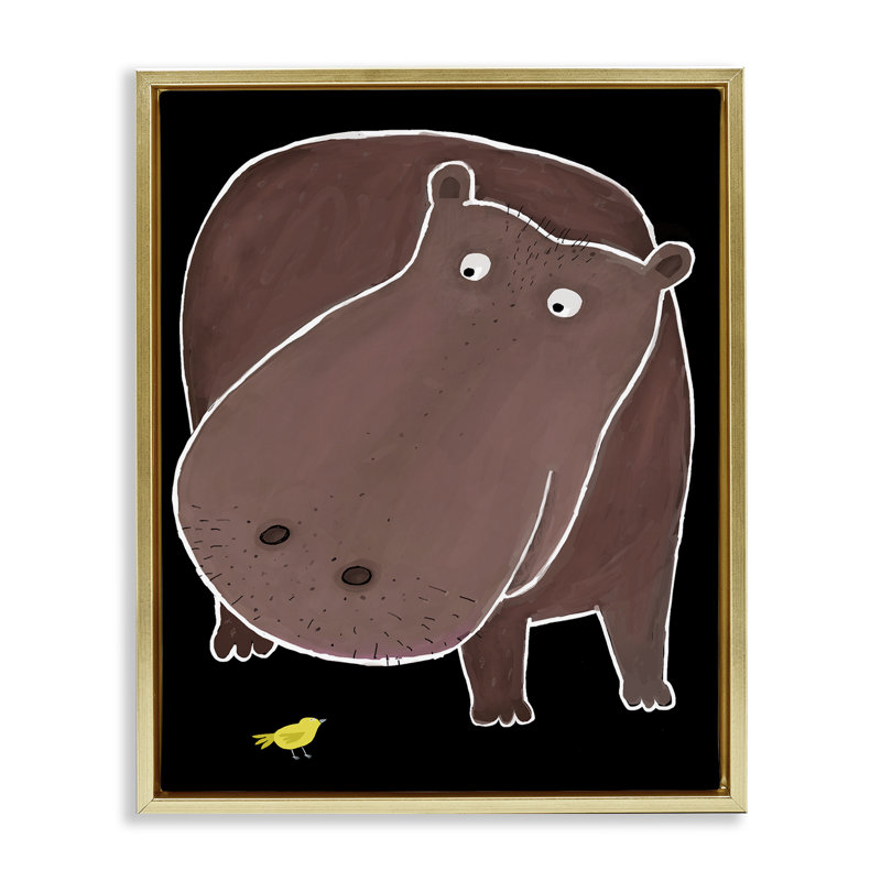 Hippopotame et oiseau sur cadre flottant noir, design par Carla Daly, H 21 po x l 17 po, Cadre flottant métallique doré