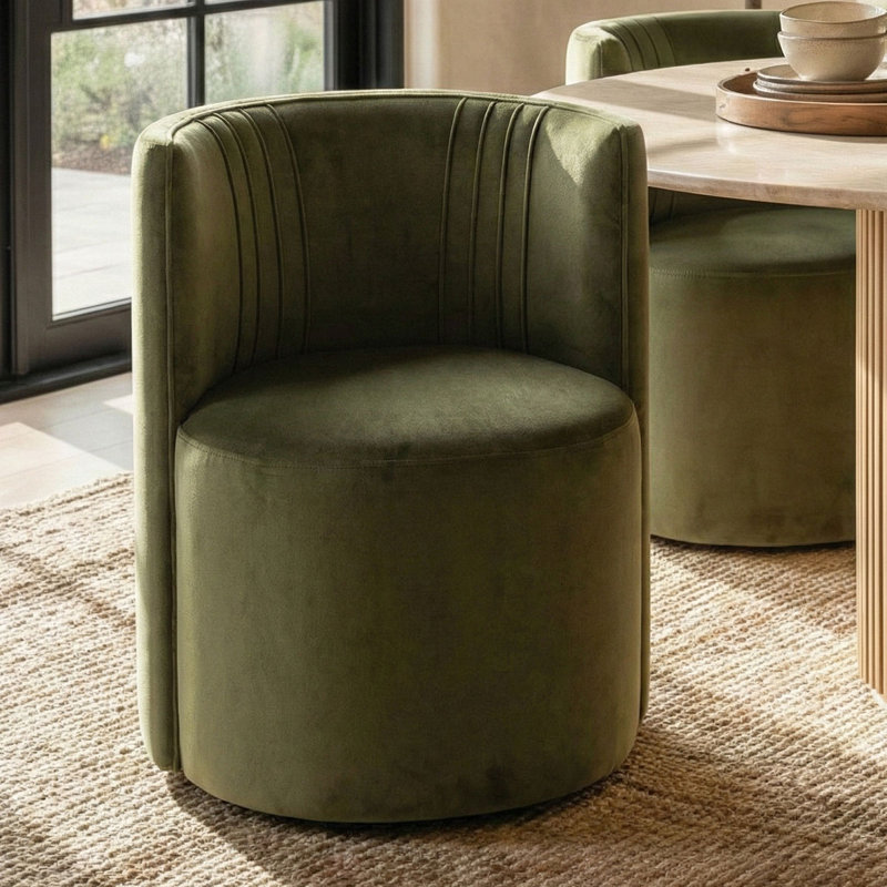 Velvet Rolling Barrel Armchair with Wheels, Green