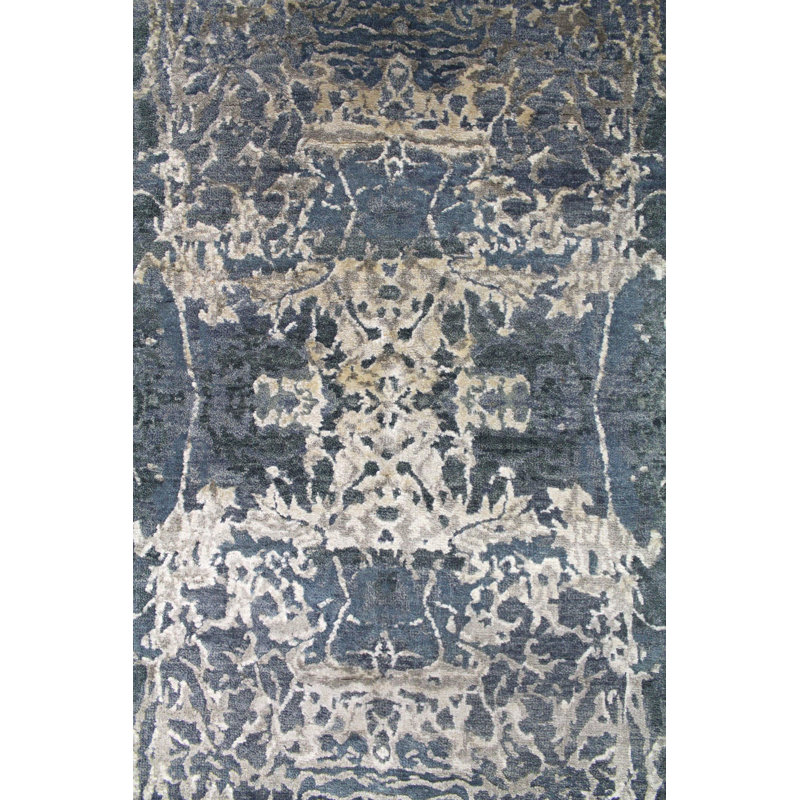 Flight Damask Area Rug in Blue/Taupe/Silver, Rectangle 6' x 8'8"