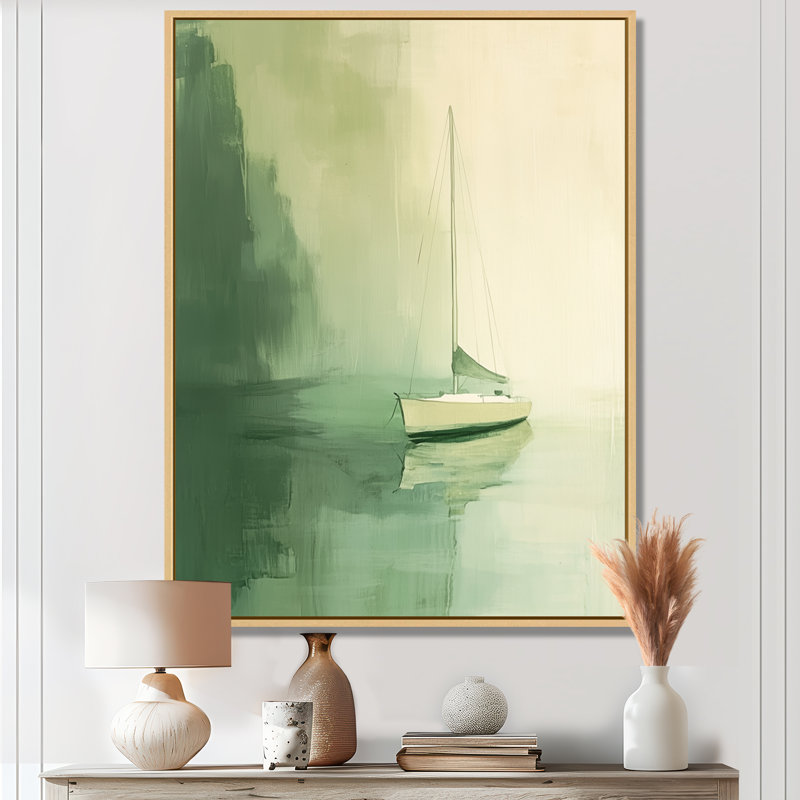 Voilier dans la brume verte - Décoration murale encadrée représentant un paysage marin sur toile, H 40 po x l 30 po