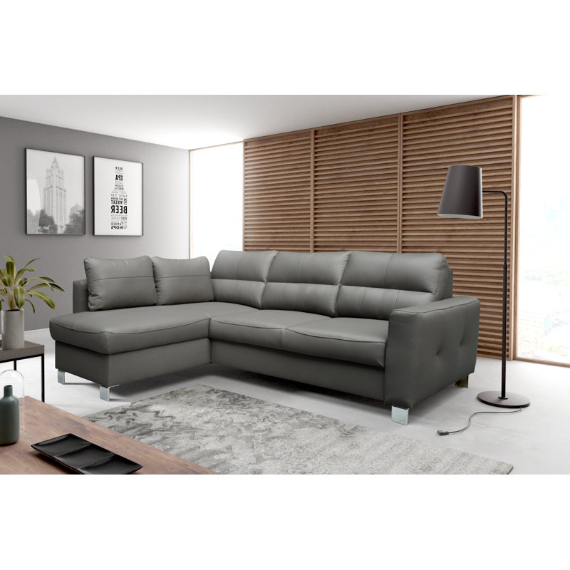 Birdell Leather Corner Sofa with Sleeping Function and Box , Left Hand Facing, Grey