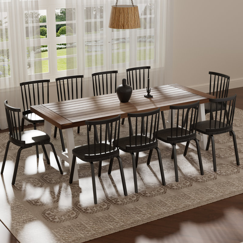 Ensemble de salle à manger Farmhouse, 11 pièces: table, 10 chaises, Brun / Blanc, Noir