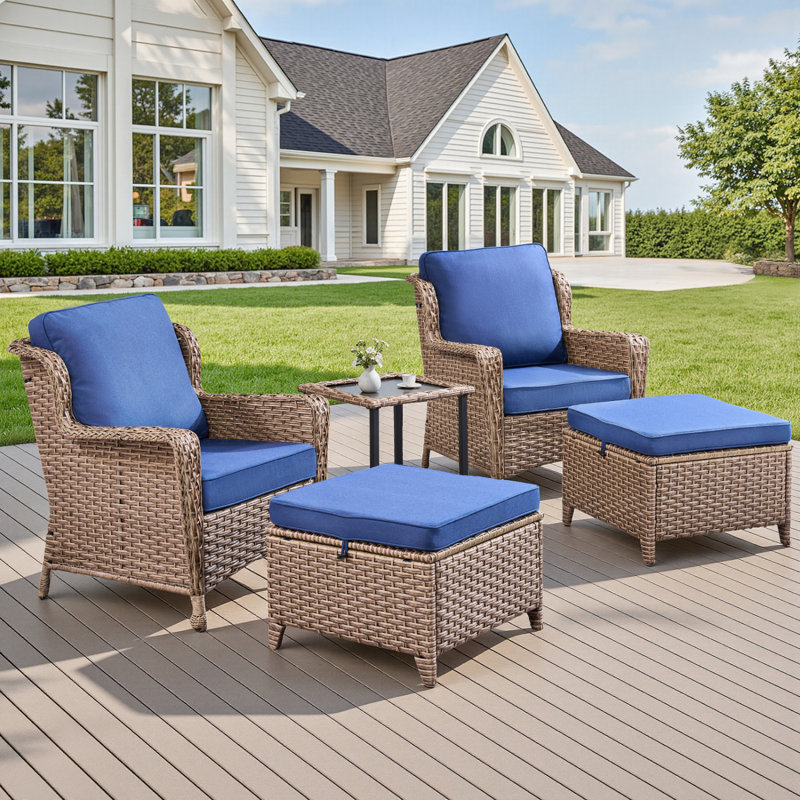 Ensemble de chaises longues d'extérieur 5 pièces avec table d'appoint et repose-pieds, chaises longues de patio pour porche ou terrasse