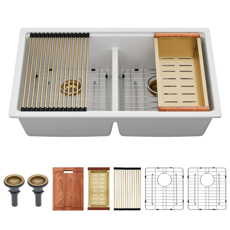 33" L x 19" W Double Bowl Rectangular Undermount Workstation Quartz Kitchen Sink Low-divider Granite Composite Sink