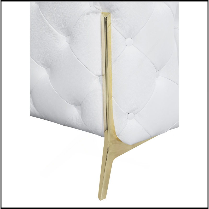 Causeuse rembourrée 100% cuir italien Global United, Blanc, Doré