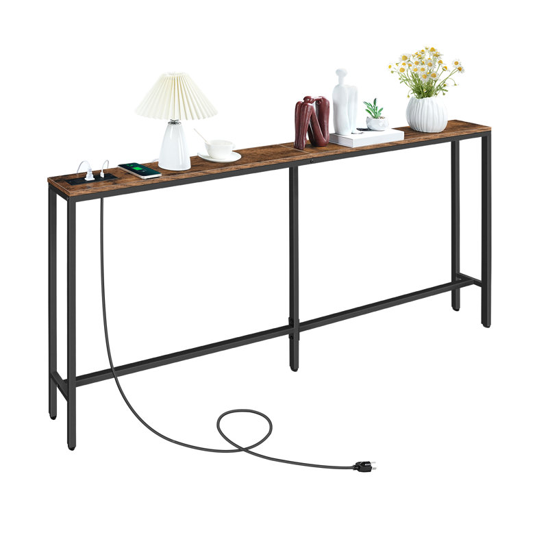 Rustic Console Table With Charging Station Narrow Sofa Table Behind Couch Table With Outlets And USB Ports, Brown