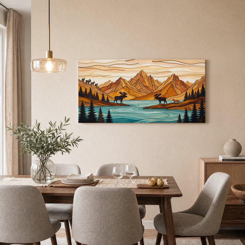 Tableau sur toile de style bois superposé représentant un orignal et un lac de montagne, L 40 po x H 20 po
