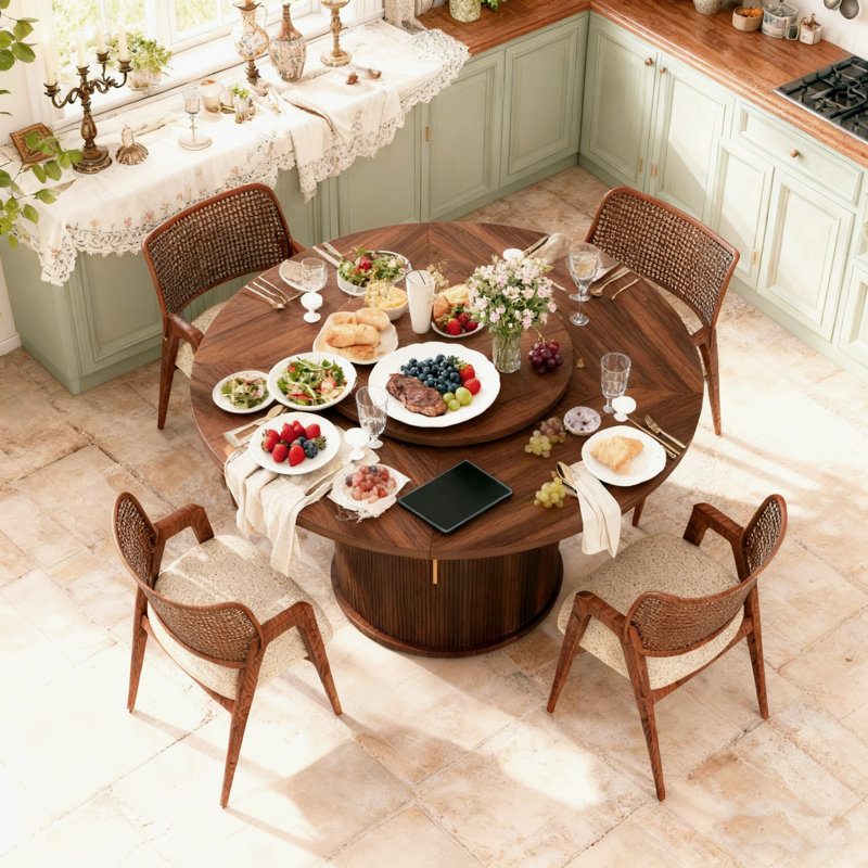 55" Round Dining Table For 6, Modern Farmhouse Dinner Tables With Rotating Tray And Storage Cabinet, Wood Strip Base For Kitchen