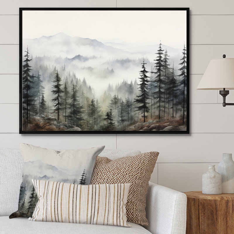 «Pine Misty Mountain II» sur toile, Noir, Reproduction avec cadre flottant, H 34 po x l 44 po