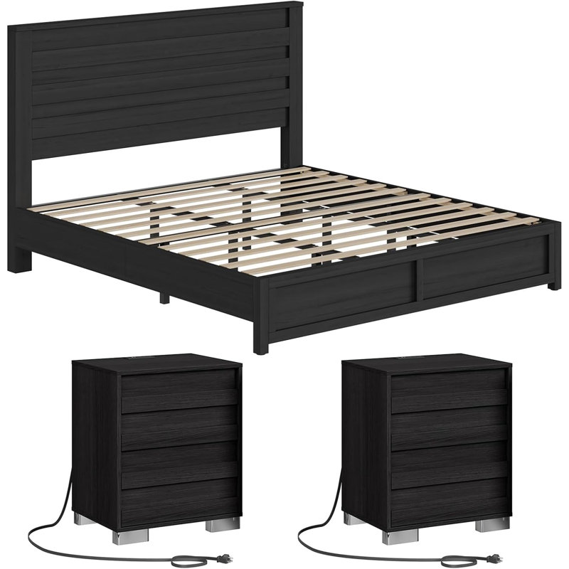 Louby Farmhouse 3 Piece Platform Bed And Nightstand Bedroom Set, Black, King