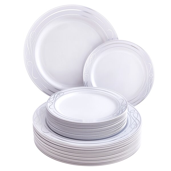 Munfix 100 Piece Plastic Party Plates White Gold Rim, Premium 10.25 inch Dinner Elegant Fancy Heavy Duty Disposable Wedding Plates