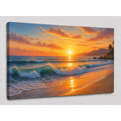Grandes vagues de l'océan coucher de soleil, art mural, peinture côtière pour salon, chambre à coucher, maison de plage, impression sur toile 24 x 36 pouces - prête à être accrochée
