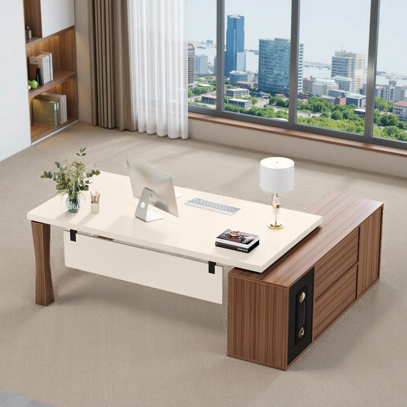 78.7" L-Shaped Executive Desk with Storage Cabinet - Cream White & Walnut Office Workstation