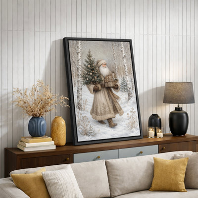 Vintage Santa Christmas Woodland Artwork, Living Room Pictures, Framed Canvas Giclee Print Wall Art
