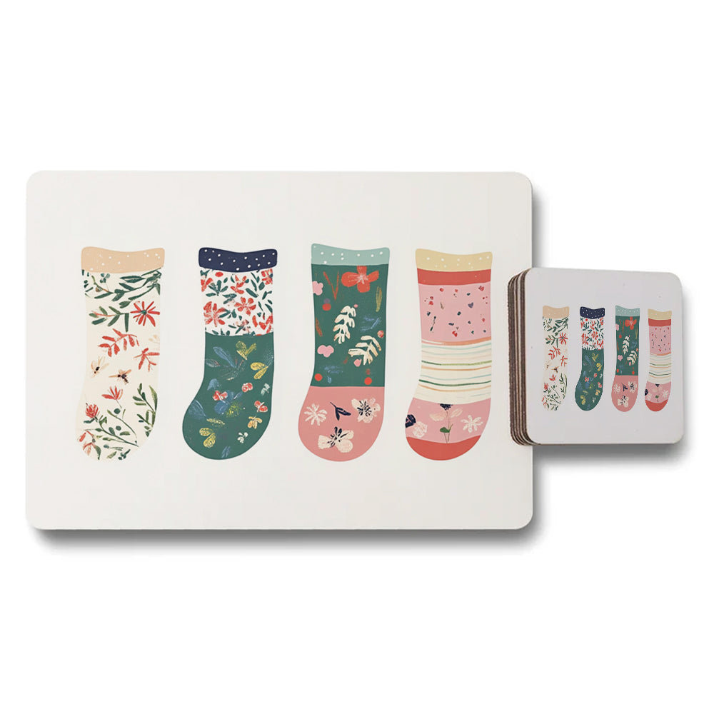 Floral Sock Pattern Placemat And Coaster Set For Dining Table Decor