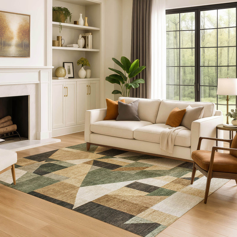 Premium Machine Washable Mayfield AMF2365 Geometric Rug, Fern, 9' x 12'