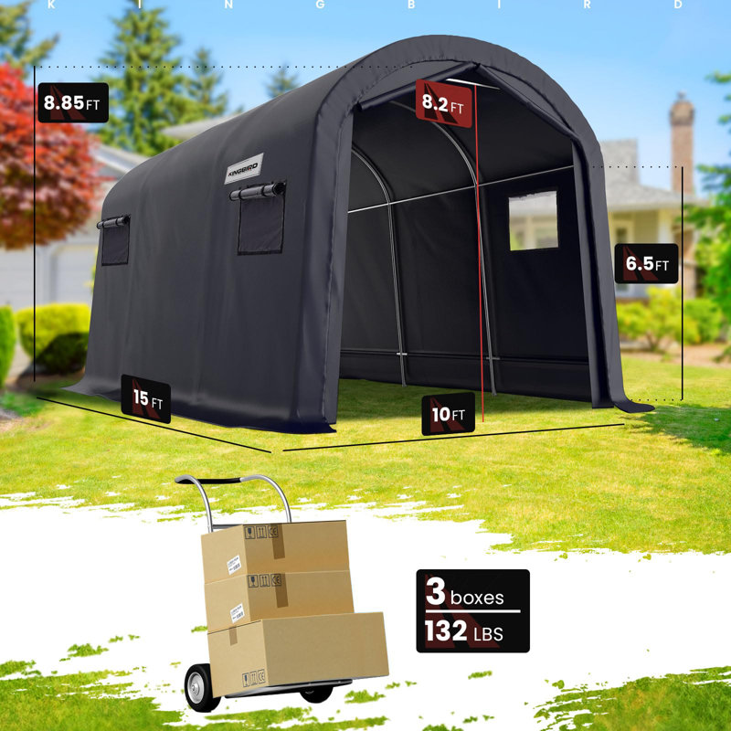 KING BIRD 10' x 15' Round Style Garage Shelter Anti-Snow Heavy Duty Storage Shelter Carport Portable Canopy Storage Shelter Shed