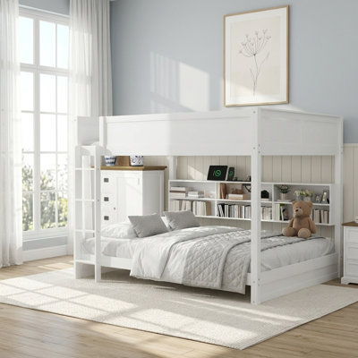 Lit superposé grand sur grand avec armoires de rangement, lit superposé avec 2 prises de courant standard et 2 ports USB
