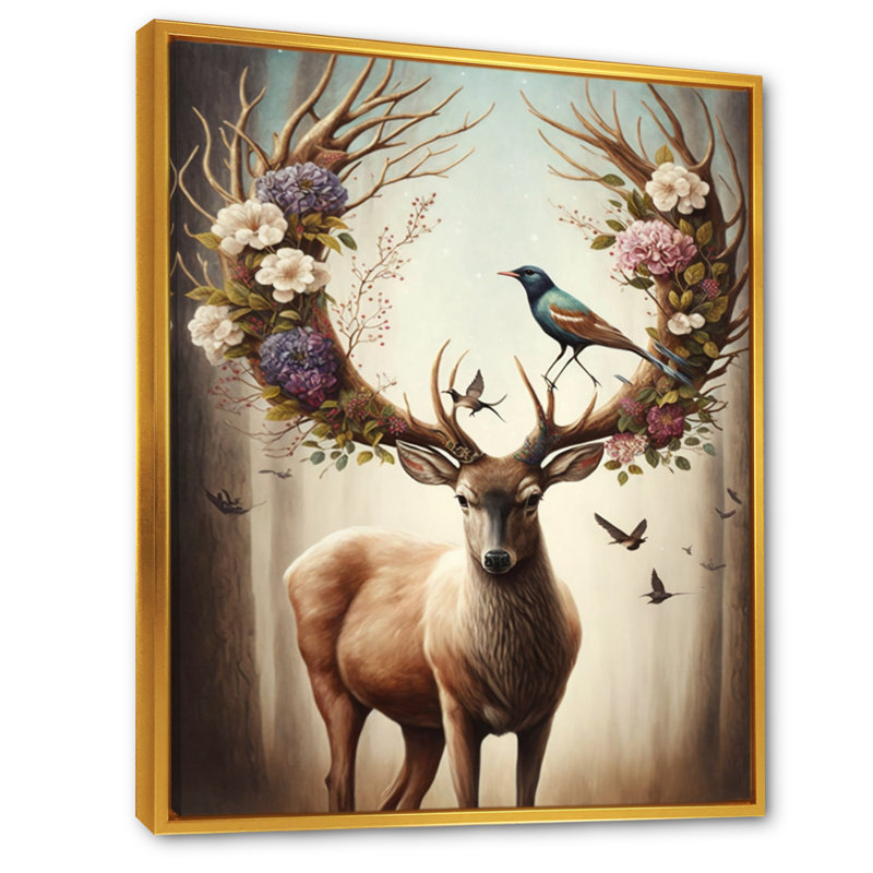 «Deer With Blooming Antler I», impression sur toile encadrée, H 20 po x l 12 po, Cadre flottant doré