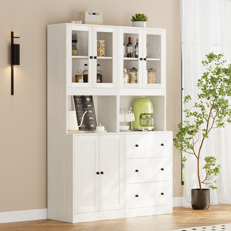 Book Cabinet Storage Bookcase, 5-Tier Modern Bookshelves With 3 Large Drawer And Glass Door(A+B), White