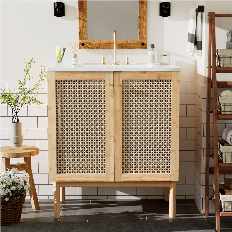 Meuble-lavabo de 30 pouces fabriqué à partir de matériaux naturels, avec des portes en rotin faites à la main et des mécanismes de fermeture en douceur