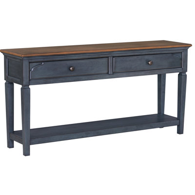 Table de 60 po en velours côtelé bleu, aucun assemblage requis. 2 tiroirs et 1 tablette, fabriqués à partir de solides en caoutchouc et de placages de bouleau sur fond bleu, assemblage. Of
