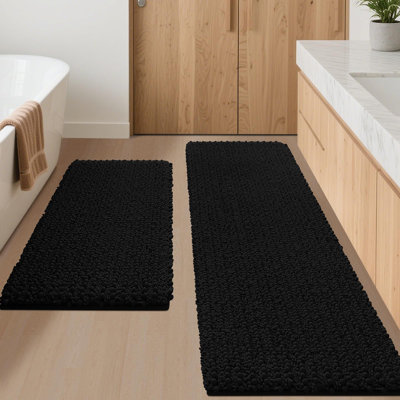 Upgrade Extra Large Black Bathroom Rug Set 2 Pieces 24"x17"+48"x20" Ultra Soft, Thick Absorbent Bath Mats, Non Slip Chenille Toilet Mat for Bathroom, Bedroom, Kitchen