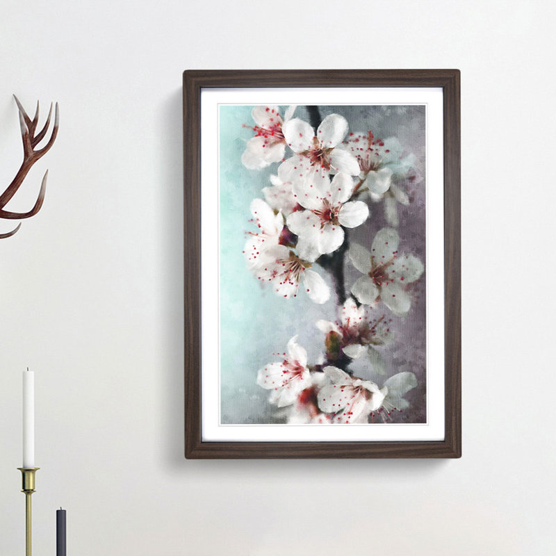 White Blossoms - Picture Frame Painting Print, 33cm H x 24cm W x 2cm D, Walnut Framed