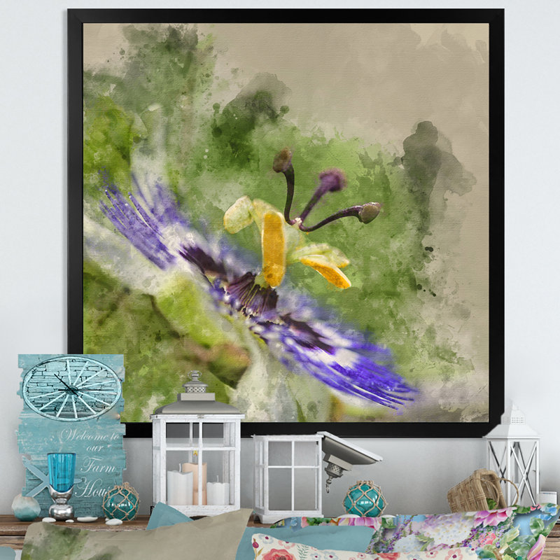 Abstrait fleur mauve - Peinture, Cadre photo noir, H 16 po x l 16 po