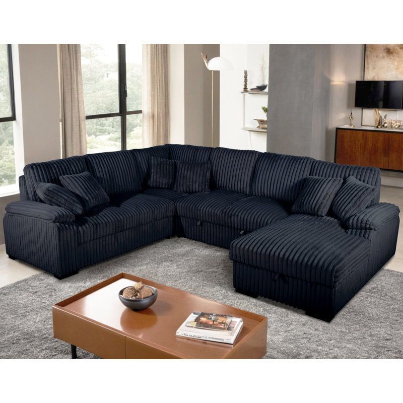 Corduroy U-Shape Sectional With Pull Out Bed & Storage Chaise + 6 Pillows, Right Hand Facing, Black Corduroy