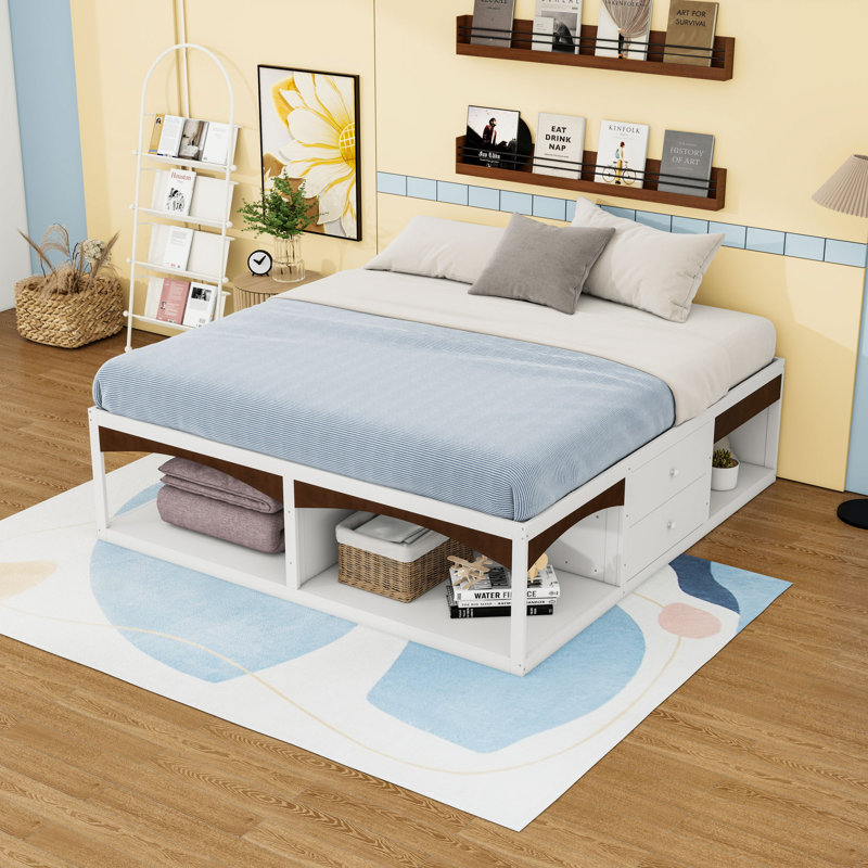 Structure de lit plateforme avec 6 tiroirs de rangement, Blanc