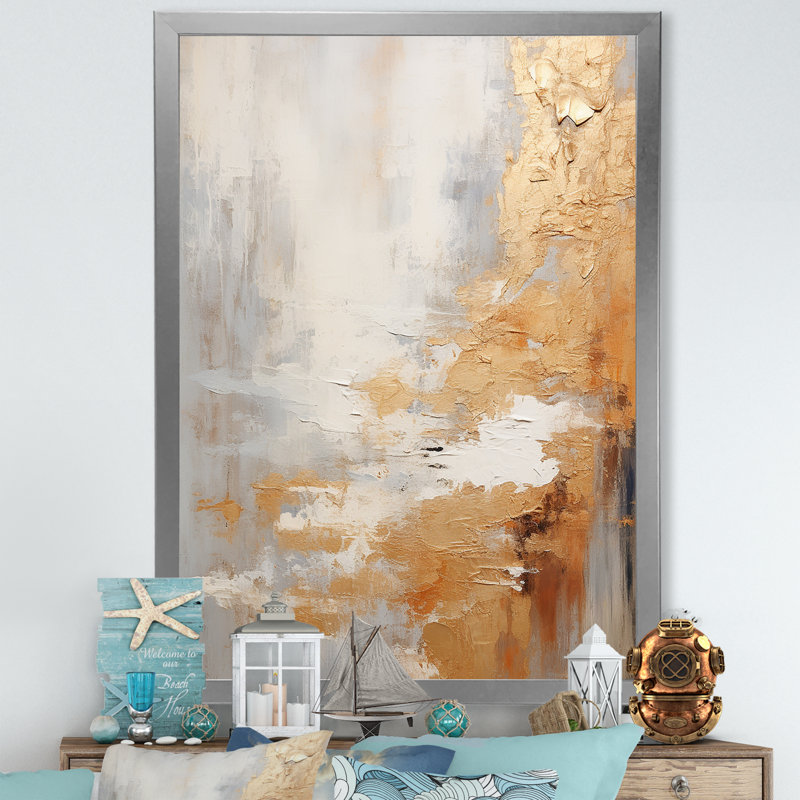 Minimalisme beige et or vague horizon III - Collages abstraits, art mural, salon, Cadre simple argenté