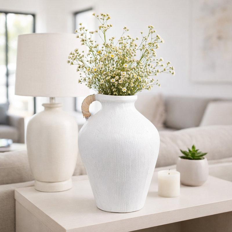 Grand vase décoratif avec poignée en rotin pour la maison - Vase à fleurs contemporain pour décoration de table, de salon ou de vestibule - 17 po, blanc