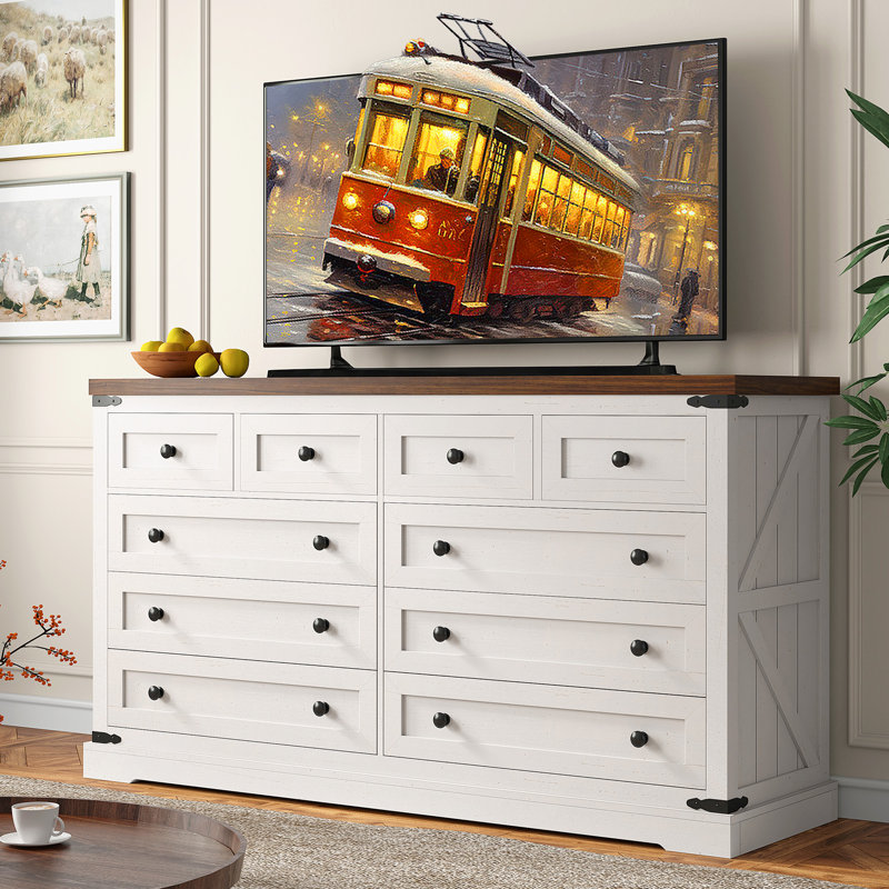 Commode double 10 tiroirs Farmhouse, Blanc / Brun