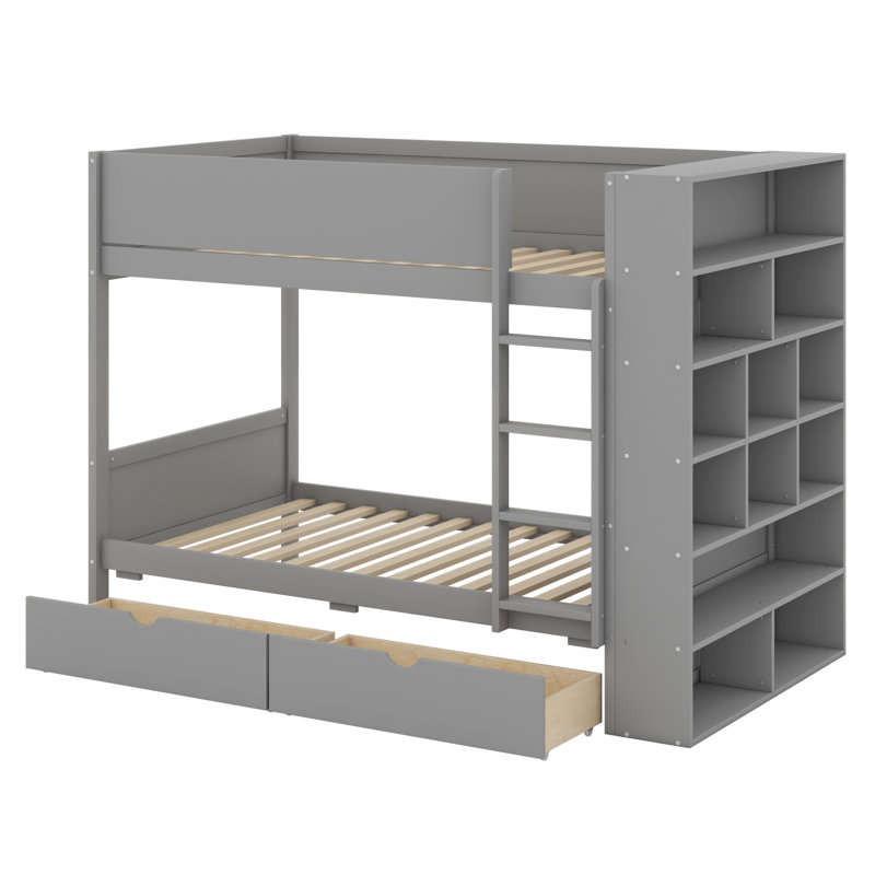 Lit superposé avec 2 tiroirs et armoire à couches multiples, Gris