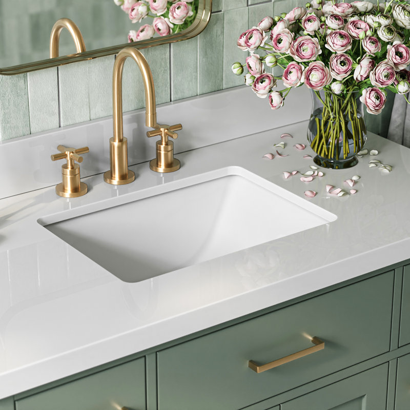 Odle 42'' Solid Wood Single Bathroom Vanity with 1.5'' White Quartz Top, Rectangular, Vintage Green  / Satin Brass