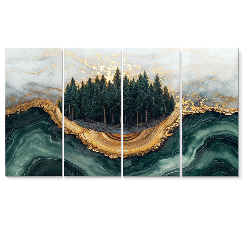 Paysage de forêt de pins sur l'horizon émeraude II - Art mural forêt - art mural traditionnel, toile 4 pièces