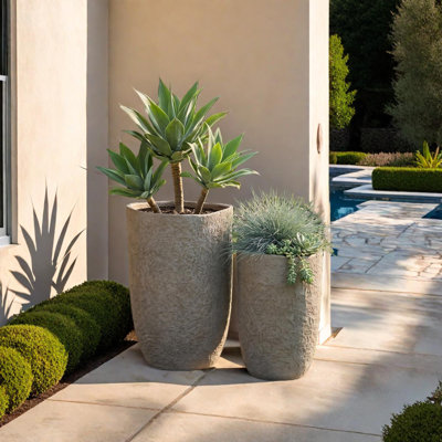 Ensemble de 2 jardinières rondes en béton avec trous de drainage pour l'intérieur et l'extérieur, 14 x 22 et 17 x 26