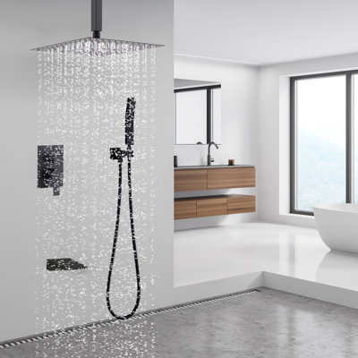 12" High-Pressure Rainfall Tub And Shower System With Handheld Spray And Tub Spout, Wall Mounted Shower Faucet Set With Pressure Balance Valve
