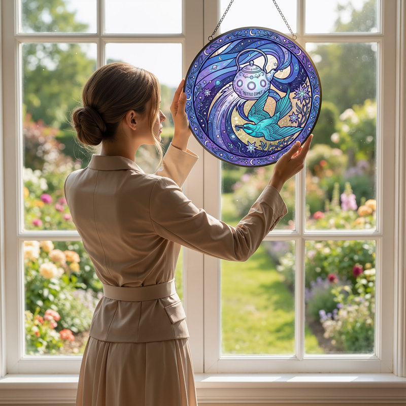 Kettle Comet Stained Glass Window Panel，7.8H, 7.8"H