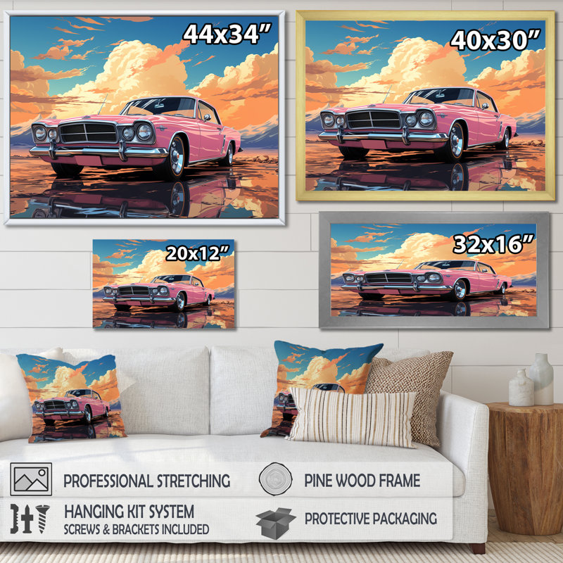 «Rose Cadillac Car At Sunset II - Car Muscle Car», art mural, Cadre flottant noir, H 24 po x l 32 po x P 1 po