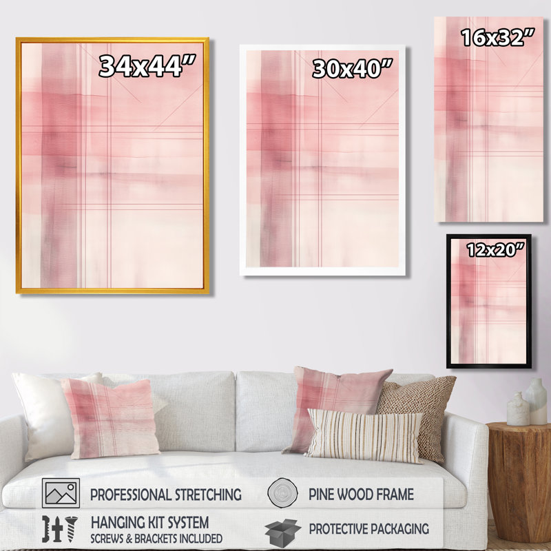 Art mural abstrait rosé, toile géométrique rose, Trepagnier, H 32 po x l 16 po, Toile tendue
