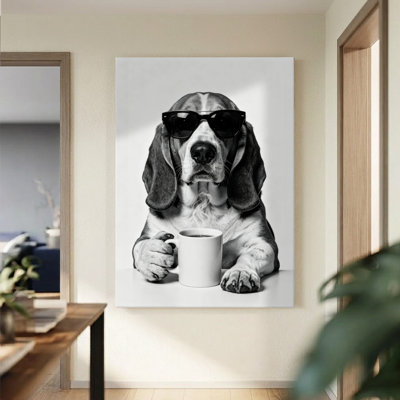 Basset Hound with Coffee Black and White Canvas Wall Art, 24" x 36" Gallery Wrapped Canvas Print, Black & White Dog Wall Decor for Kitchen, Living Room & Cafe Corner