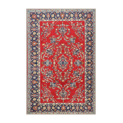 Tapis oriental en laine / polyester beige / gris / rouge tissé à la machine